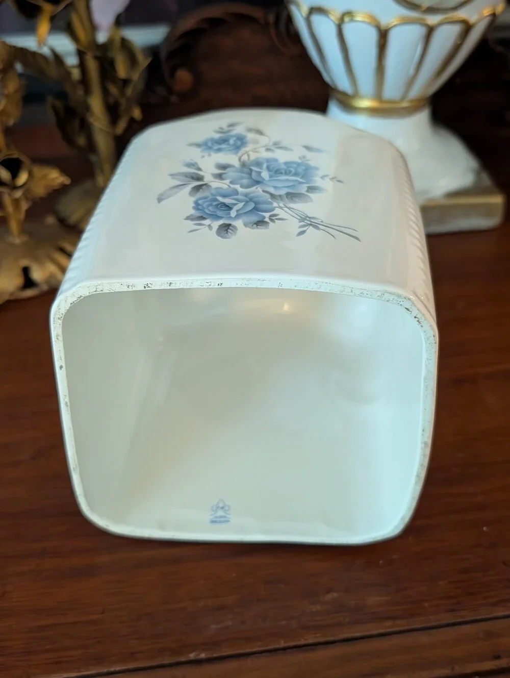 Vintage,  ATHENA USA Tissue Container holder Blue Roses Off white Porcelain 6.5